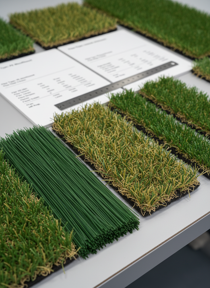 A close-up, photographic realism shot of high-quality artificial grass fibers, showing different pile heights and cross-sections aligned on a neutral technical workbench. The blades vary from lush, emerald green monofilament to curly thatch in olive and straw tones, revealing texture and density. Behind them, slightly out of focus, lie sample boards with labeled technical specs and a clean steel ruler. The scene is lit with soft, diffused studio lighting from above, creating controlled reflections on the plastic fibers and a calm, analytical mood. Captured at eye level with a shallow depth of field, the composition feels clean and modern, evoking independent technical evaluation and objective material comparison for professional clients.