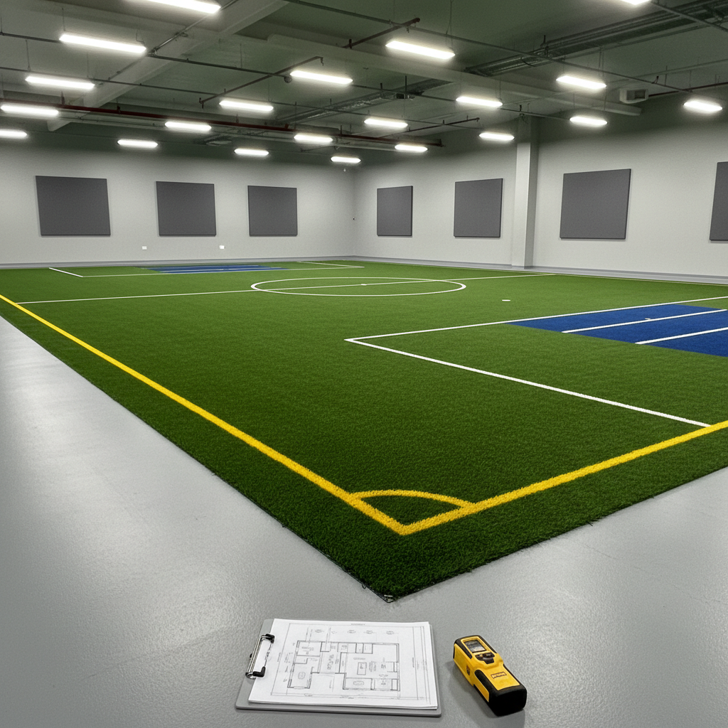 An indoor multi-sport facility with artificial turf flooring, shown in photographic realism from a slightly elevated corner perspective. The green synthetic surface is carefully segmented with different colored lines for tennis, five-a-side football, and a small training area, all precisely aligned and clean. Neutral grey walls and acoustic panels surround the space, with high, evenly spaced LED luminaires casting crisp, uniform white light and minimal shadows. In the foreground, a technical clipboard with printed layout drawings and a laser distance meter rests on the boundary between turf and a smooth epoxy walkway. The mood is professional and methodical, emphasizing accurate design, control in the execution phase, and expert support for indoor installations.