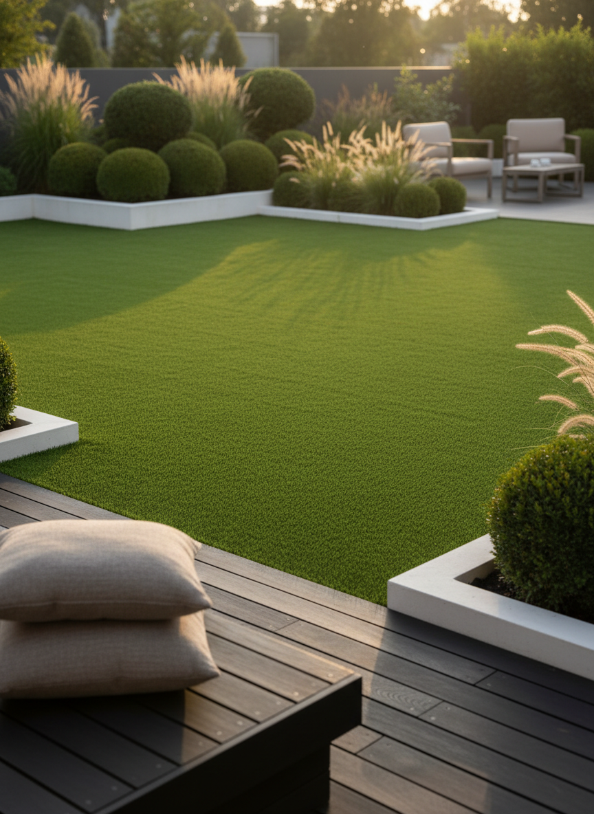 A contemporary residential garden with high-end artificial grass framed by minimalist white concrete edging and architectural shrubs. The turf appears dense, vibrant green, and flawlessly even, extending from a shaded lounge deck to a sunlit relaxation corner with neutral outdoor furniture silhouettes in the distance, subtly out of focus. Soft, warm early-evening light casts long, gentle shadows of ornamental grasses onto the synthetic lawn, highlighting pile direction and texture. Shot from a low, slightly angled perspective to showcase the smooth transition between patio and turf, the photographic realism composition emphasizes elegance, order, and low-maintenance beauty, ideal for illustrating consulting services for gardens and private leisure spaces.