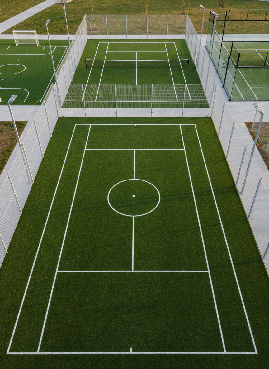 A meticulously maintained artificial grass sports complex captured in photographic realism, showing multiple side-by-side fields: a small-sided soccer pitch, a tennis court, and a padel court, all in rich, deep-green synthetic turf with clearly marked white and yellow lines. The surfaces look even and perfectly brushed, with visible infill granules only in close-up. Surrounding the fields are clean aluminum fences and neutral grey walkways. Soft late-afternoon natural light from the side creates gentle shadows that emphasize the flatness and precision of the turf installation. Shot from a slightly elevated angle with sharp focus throughout, the composition follows the rule of thirds, conveying a professional, trustworthy, and technically rigorous atmosphere suitable for a consulting firm’s homepage hero image.